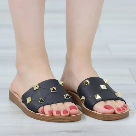 Black Flat Comfort Flexible Sandal Slip On Sliders Trendy Gold Studs Glittery To - Picture 9 of 14